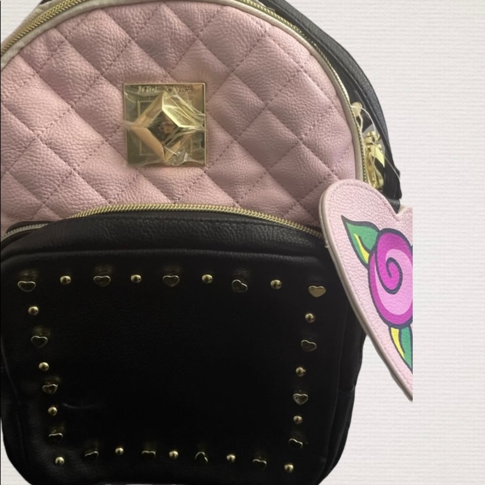 New! BETSEY JOHNSON PNK/BLK Studded Hearts Backpack